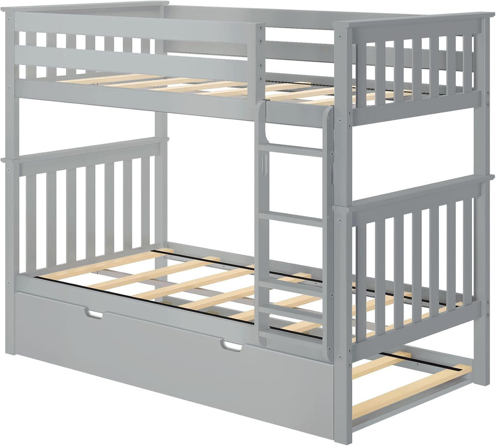 Max & Lily Bunk Bed, Twin-Over-Twin Wood Bed Frame For Kids With Trundle, Grey
