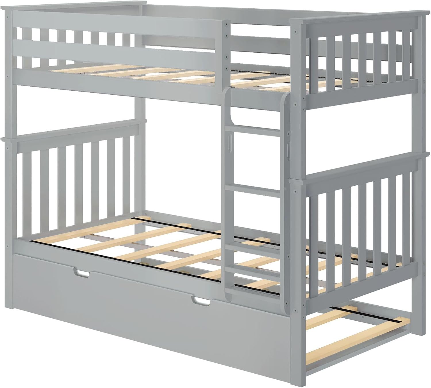 Max & Lily Bunk Bed, Twin-Over-Twin Wood Bed Frame For Kids With Trundle, Grey