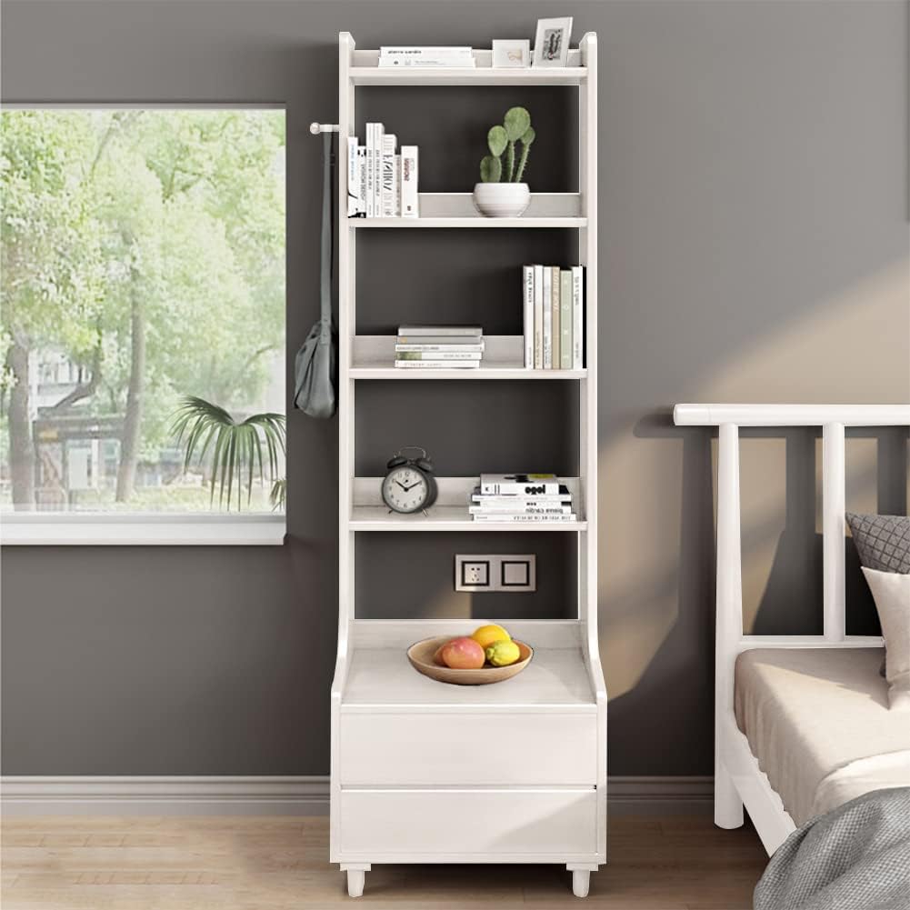 IOTXY White Bedside Table Bookshelf - 71' Tall Floorstanding Wooden Open Shelf Bookcase with 2-Drawers and 4-Shelves, Bedroom Bed Side End Table, Nightstand