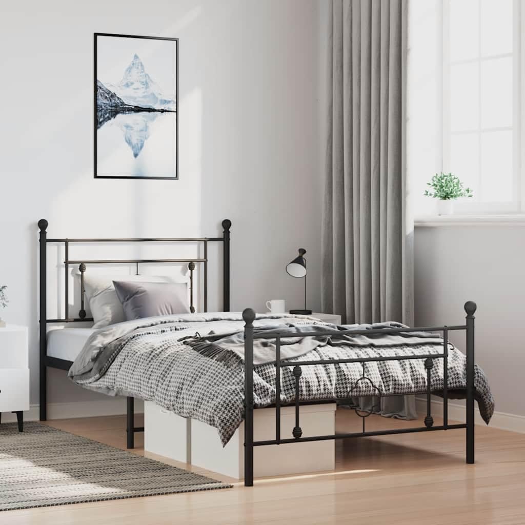 Metal Bed Frame with Footboard Black 39.4'x78.7' Queen/Twin Size Platform Bed Frame Sturdy Steel Construction Underbed Storage Space for Bedroom Guest Room