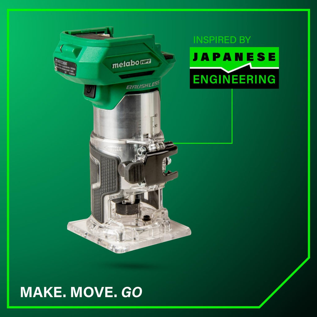 Metabo HPT 18V Cordless Trim Router, Variable Speed 10,000-30,000 RPM, Lightweight Router Design, 1/4-Inch and 3/8-Inch Collets, LED Work Light, Soft Start & Quick Brake, Tool Body Only, M1808DAQ4