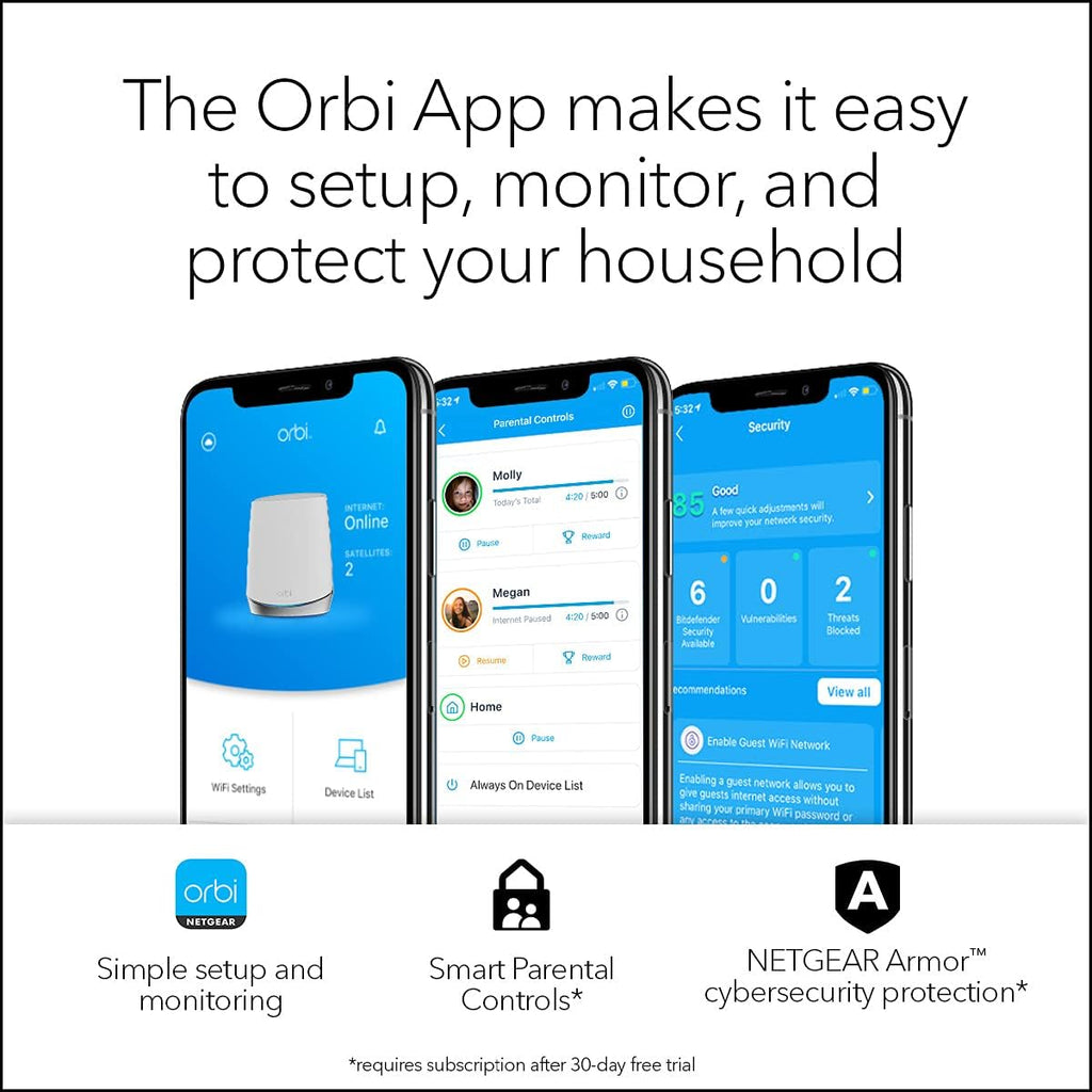 NETGEAR Orbi Whole Home Tri-Band Mesh WiFi 6 System (RBK653) – Router with 2 Satellite Extenders, Coverage Up to 6,000 Square Feet, 40 Devices, AX3000 (Up to 3Gbps) (Renewed)