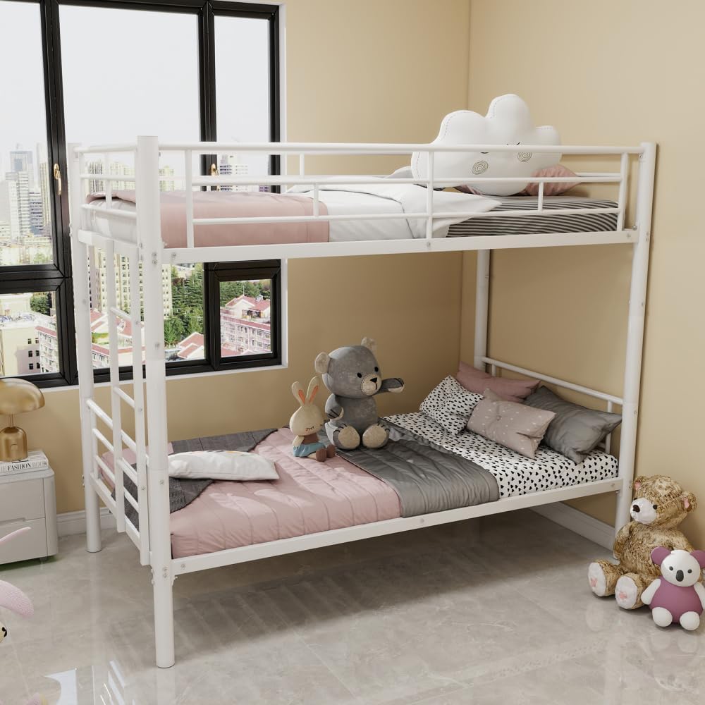 Twin Over Full Metal Bunk Bed, with Ladder & Full-Length Guardrail for Teens Adults, Noise Free (White + Metal + Metal-2)