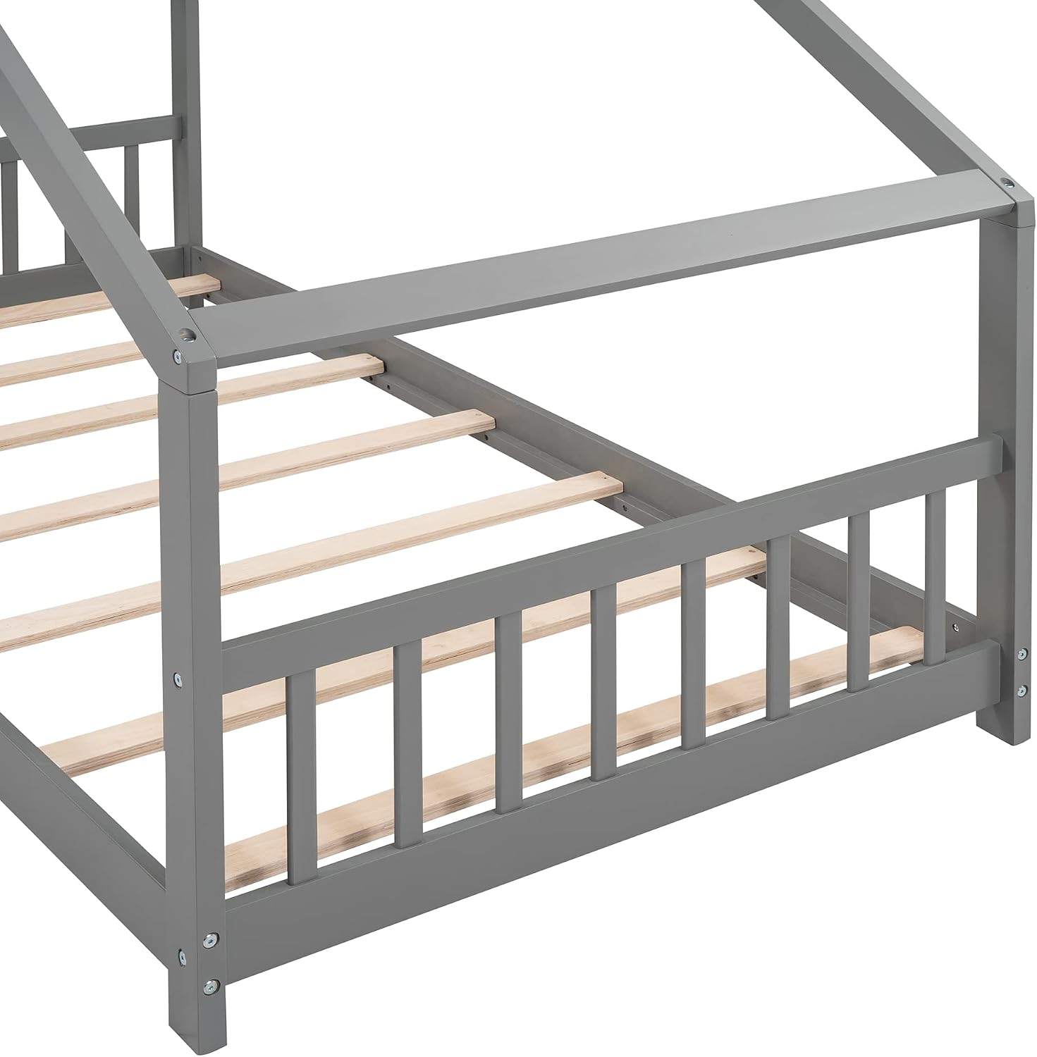 JIVOIT Twin Size Wood House Bed, Solid Wood Tent Bed Canopy Bed Frame with Roof Design, Twin Floor Bed with Wood Slats Support, No Box Spring Needed (Gray-Twin-Pinewood)