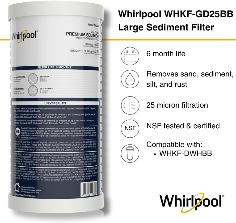 Whirlpool Whole House Large Capacity Sediment Filter WHKF-GD25BB, Full Case of 4 Filters, NSF Certified 25-Micron Filtration, Replacement Cartridge Fits Most Home 10' x 4.5' Standard Filter Housings