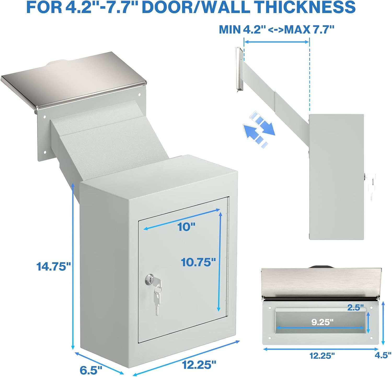 Pochar Through-The-Wall Drop Box with Rainproof Cover | Heavy Duty Through Wall Mailbox with 10-Inch Adjustable Chute | Rainproof Locking Drop Safe for Mail, Rent, Checks, Cash, and Keys(White)