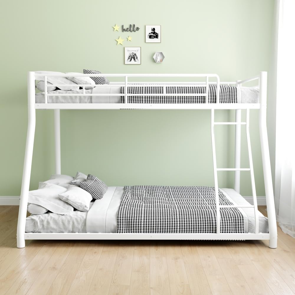 Twin Over Full Metal Bunk Bed, with Ladder & Full-Length Guardrail for Teens Adults, Noise Free (White + Metal + Metal)