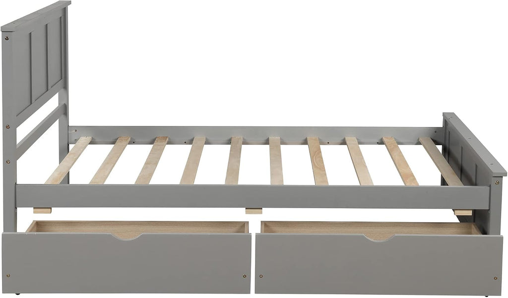 Twin Platform Bed with 2 Drawers and Headboard, Solid Wooden Twin Size Bed Frame with Storage and Wood Slats, Twin Size Platform Bed for Kids,Teens,Adults (Grey)