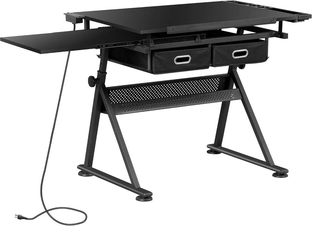 ZENY Adjustable Drafting Table with Stool, Tilting Drawing Desk Artist Table with Storage Drawers, Art Craft Workstation for Home Office Reading, Writing, Crafting (Black-with Outlet)