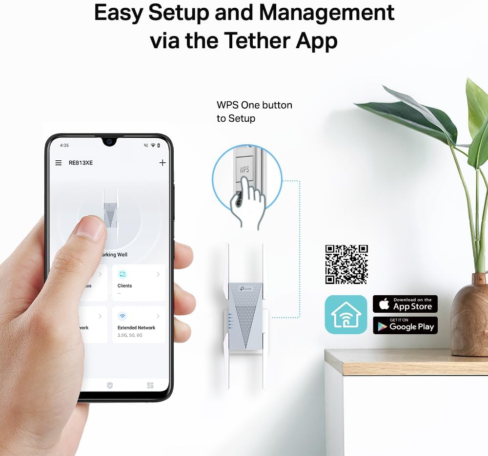 TP-Link RE813XE AXE5400 Wi-Fi 6E Range Extender w/Ethernet Port | 5.4 Gbps Tri-Band Wireless Repeater Amplifier | Up to 2800 Sq. Ft., 96 Devices | 6 GHz Band, 160 MHz | APP Setup | OneMesh Compatible