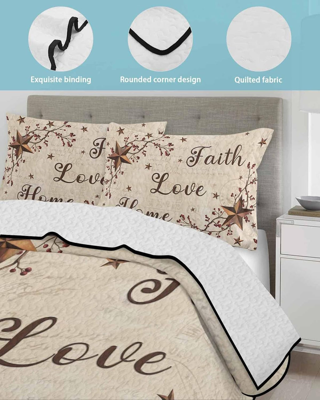 Quilt King Size Bedding Set, Brown Farmhouse Lightweight Summer Quilt 3 Pieces Bedding Sets, Retro Country Stars Rustic Branches Berry Bedspreads Coverlets with 2 Pillow Shams for All Season