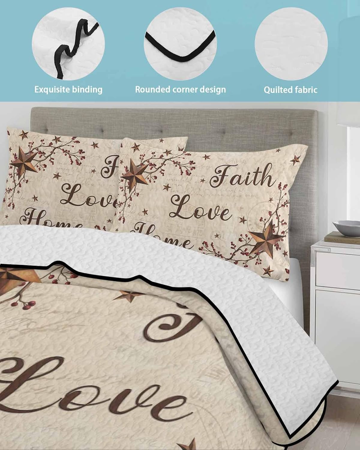 Quilt King Size Bedding Set, Brown Farmhouse Lightweight Summer Quilt 3 Pieces Bedding Sets, Retro Country Stars Rustic Branches Berry Bedspreads Coverlets with 2 Pillow Shams for All Season