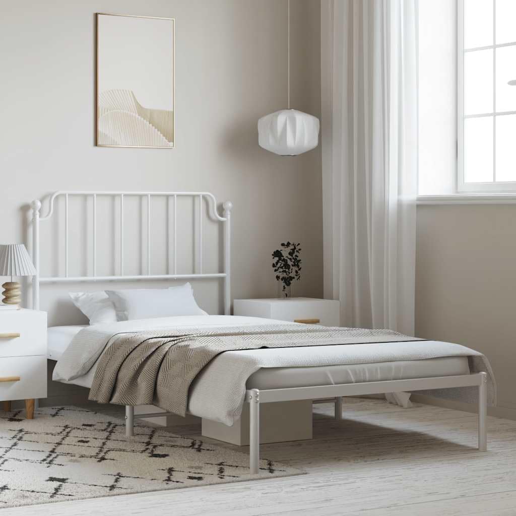 White Powder-Coated Steel Single Bed Frame with Metal Slats and Storage, 4-Piece Sturdy Platform Bed Frame for Adult Bedroom, Modern Minimalist Design, Durable and Easy