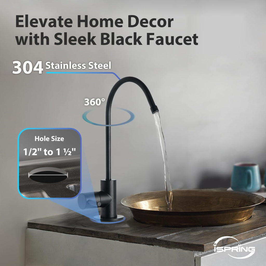 iSpring RCC1UP-AK-BLK, 7-Stage Alkaline UV Reverse Osmosis Water Filter with Booster Pump, Sleek Black RO Faucet TDS PFAS Microplastic Removal, Patented Top-Mounted Faucet Design for Easy Installation