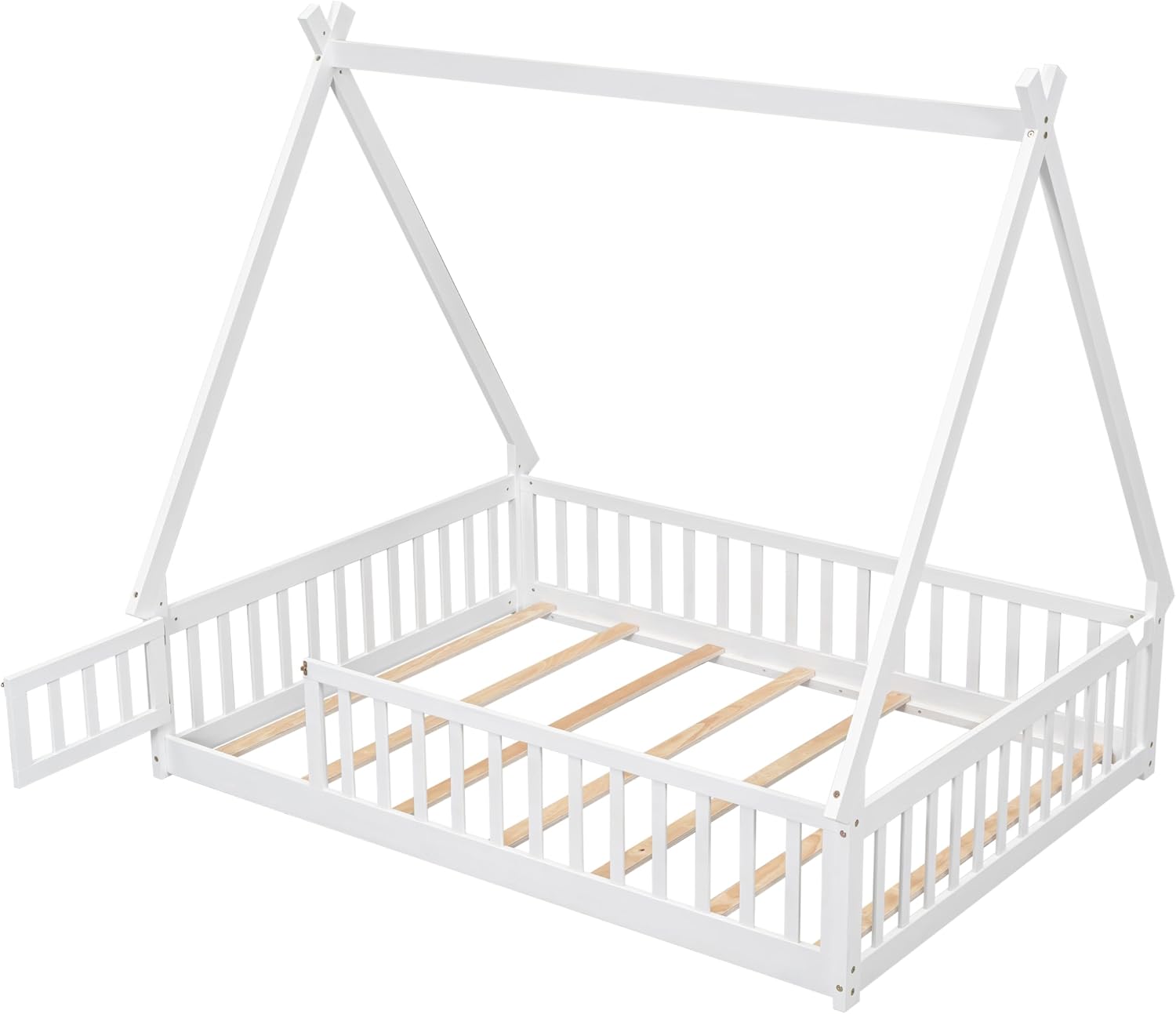 JIVOIT Full Size Tent-Shaped Floor Bed with Door, House Platform Bed Tent Bed Frame with Fence-Shaped Guardrails and Wood Slats Support, Wood Floor Play House Bed for Kids Boys Girls Teens (White,2)