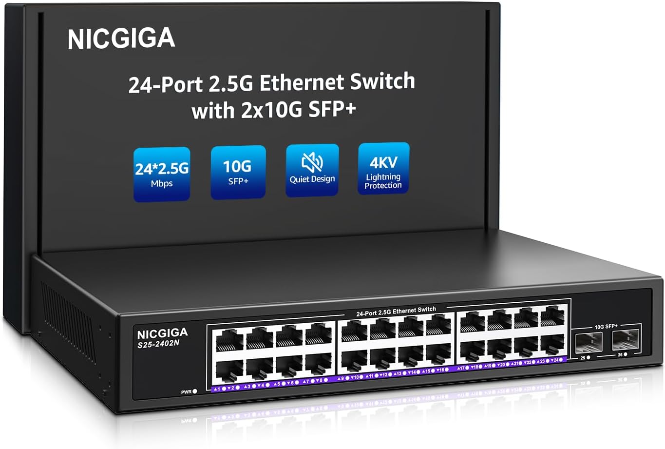 24 Port 2.5Gb + 2 Port 10Gb SFP+ Ethernet Switch, NICGIGA 26 Port 2.5G Network Switch Unmanaged, Plug & Play, Desktop or 19-inch Rack Mount, Fanless Metal Design.