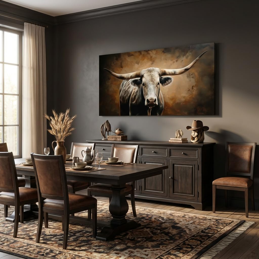 ZESTRILIA Brown Rustic Longhorn Bull Wall Art Modern Canvas Painting Prints Artwork Office Hallway Bedroom Living Room Decor (58x28 Inches)