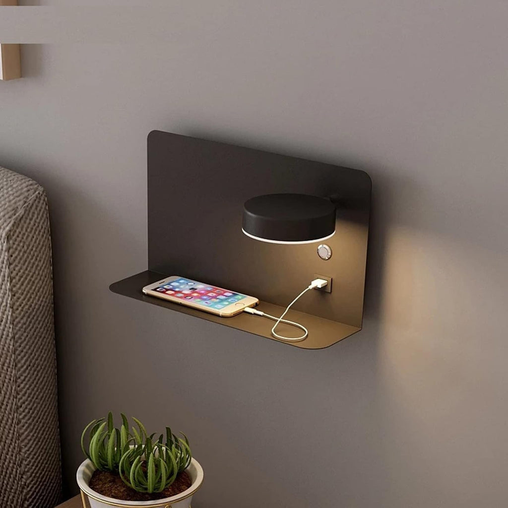 USB Charging Wall Sconces, Dimmable Wall Lamp Fixture with Phone Holder Shelf, 350° Rotation Wall Light with Button On/Off Switch, 12W Rotatable Wall Mount Lighting(Black,Large)