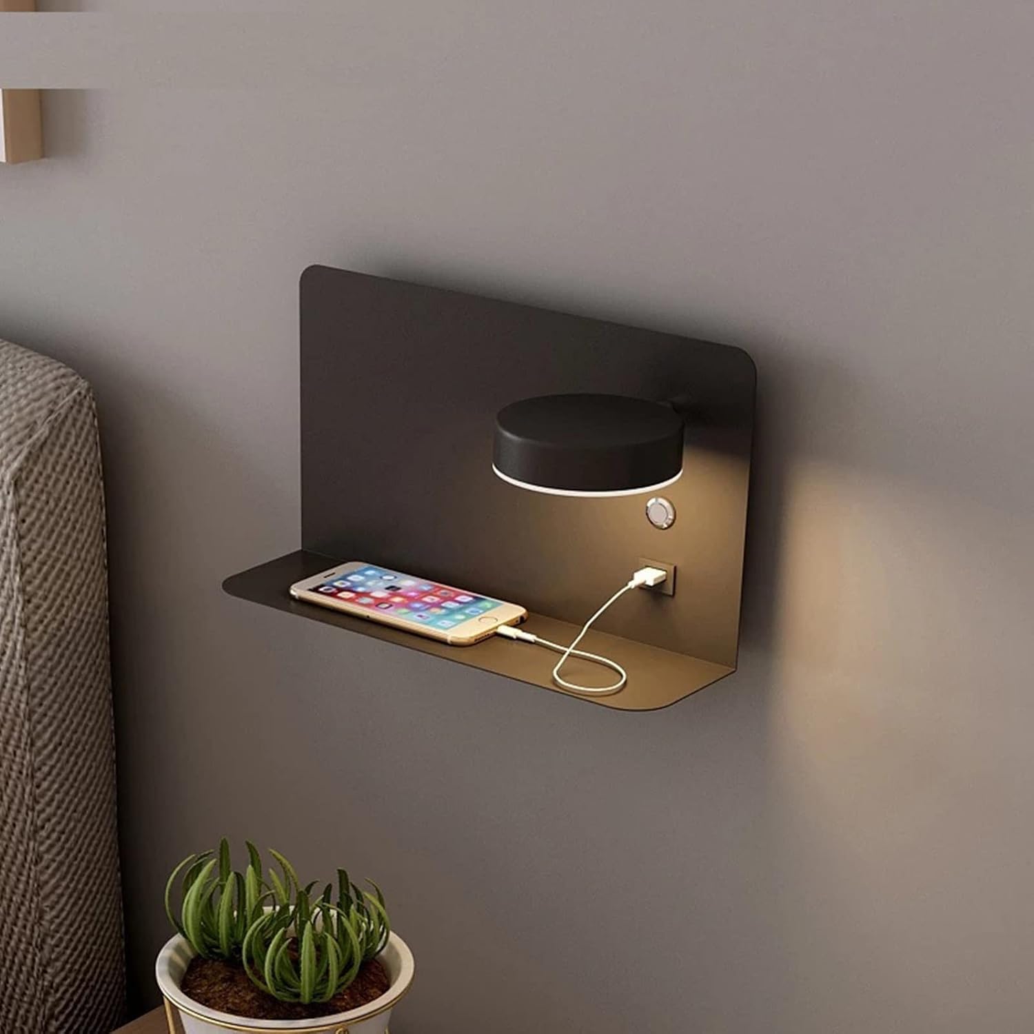 USB Charging Wall Sconces, Dimmable Wall Lamp Fixture with Phone Holder Shelf, 350° Rotation Wall Light with Button On/Off Switch, 12W Rotatable Wall Mount Lighting(Black,Large)