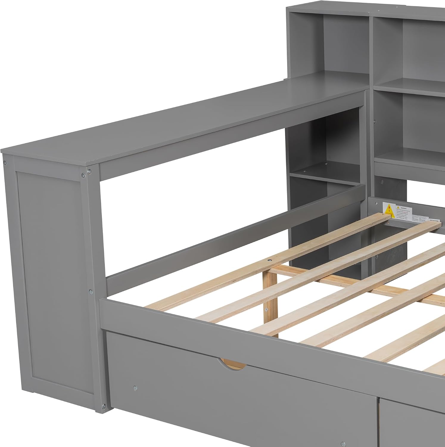 Full Size Platform Bed with Storage Shelves and Drawers, Solid Wood Daybed with Charging Station, LED, Desk and Upholstered Headboard for Living Room Bedroom (Grey-JU5)