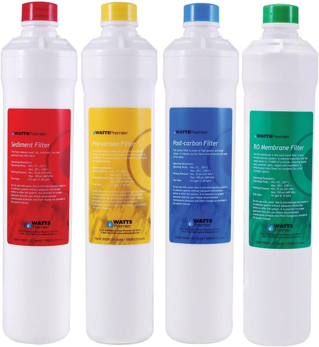 Watts Premier RO 4-Pack Filter Kit for 4 Stage Pure Plus/Zero Plus Reverse Osmosis System, Push Button Water Filter Replacement, Sediment, Carbon Pre- & Post, and Membrane Variants Included