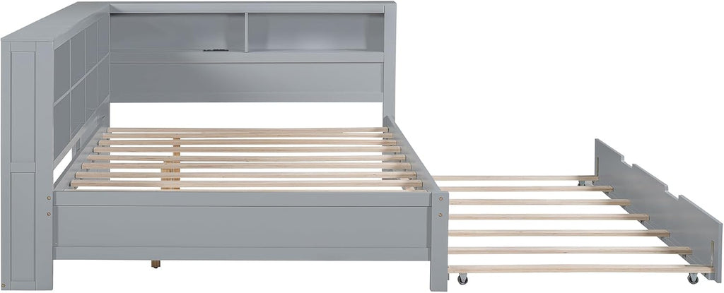 Modern Full Size Daybed with Trundle, Solid Wood Captain Platform Bed with Storage Cabinets and USB Ports, Low Floor Bed for Kids Teens Adult Bedroom, Easy Assembly (Gray-FF025)