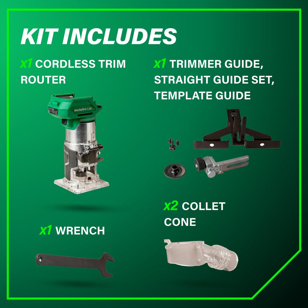 Metabo HPT 18V Cordless Trim Router, Variable Speed 10,000-30,000 RPM, Lightweight Router Design, 1/4-Inch and 3/8-Inch Collets, LED Work Light, Soft Start & Quick Brake, Tool Body Only, M1808DAQ4