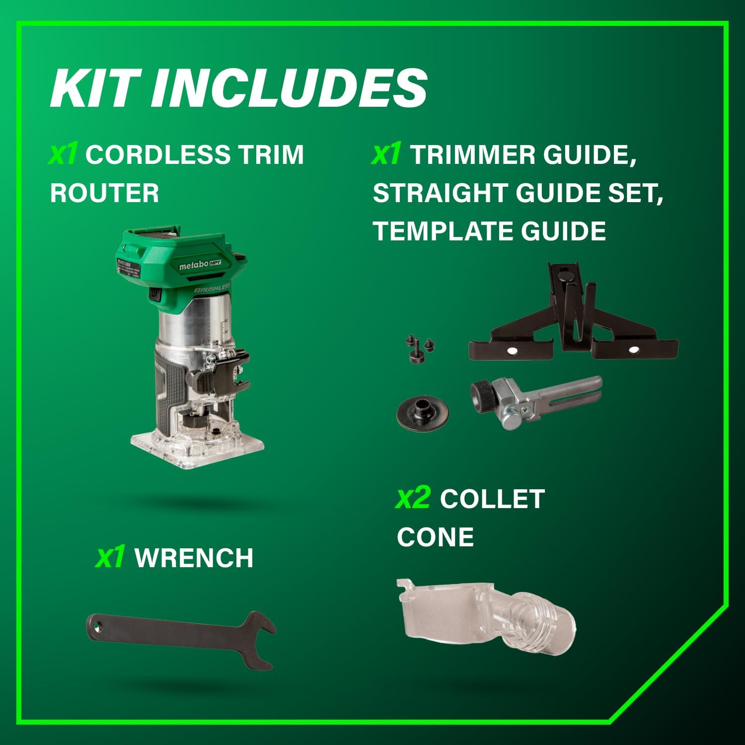 Metabo HPT 18V Cordless Trim Router, Variable Speed 10,000-30,000 RPM, Lightweight Router Design, 1/4-Inch and 3/8-Inch Collets, LED Work Light, Soft Start & Quick Brake, Tool Body Only, M1808DAQ4