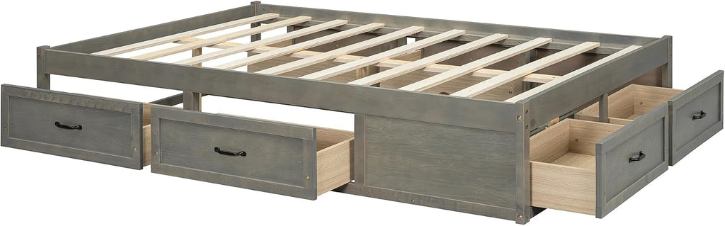 Full Size Wooden Platform Bed with 6 Storage Drawers, No Box Spring Needed (Antique Gray, Full)
