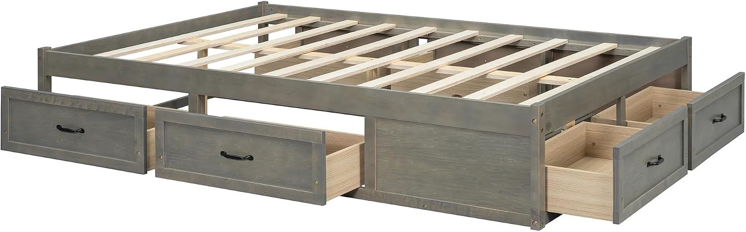Full Size Wooden Platform Bed with 6 Storage Drawers, No Box Spring Needed (Antique Gray, Full)