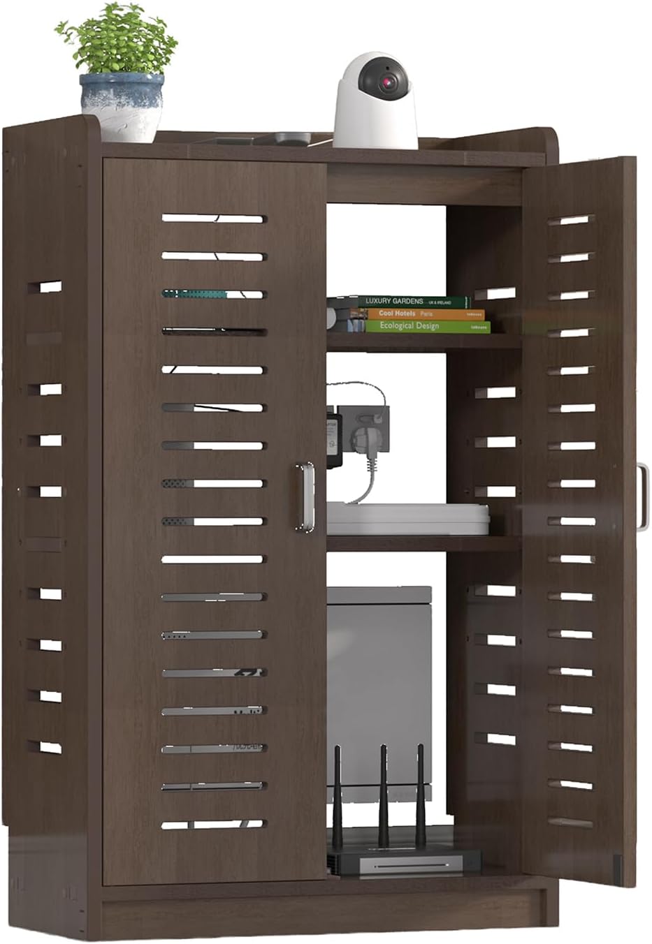 Large WiFi Router Cabinet 20''x31''x10'' Floor Standing Modem Organizer with Cable Management, White Electronics Enclosure for Power Strips & Network (Brown)