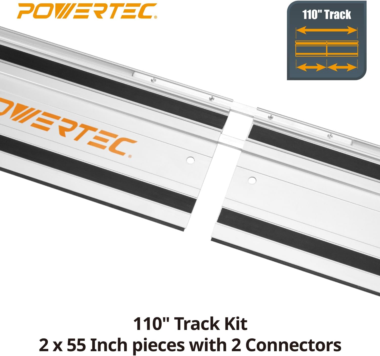 POWERTEC 72210 110' Track Saw Guide Rail Joining Set for Milwaukee Track Saws Includes 2x55 Guide Rails with Connectors, and Guide Rail Adapter for Fixed Base DeWalt, Makita & Milwaukee Trim Routers