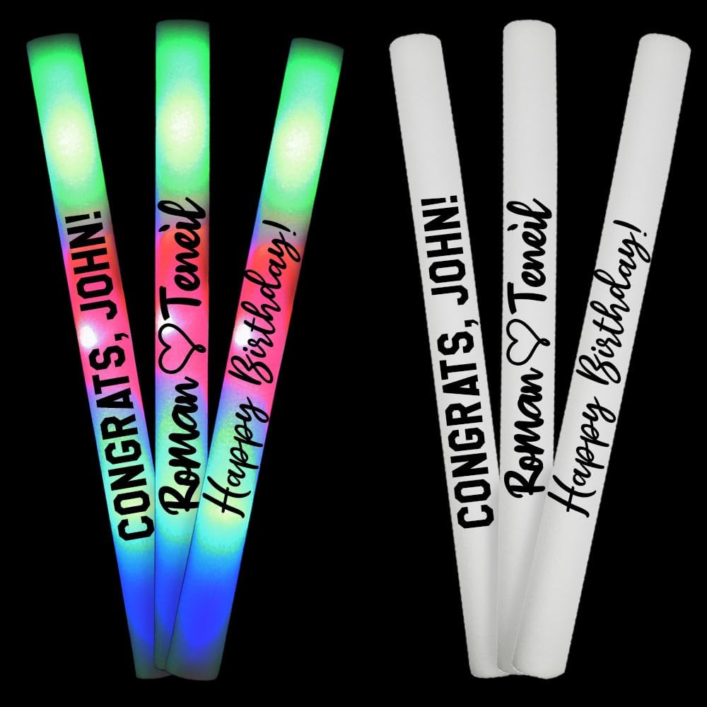 Pack of 75 Custom LED Party Foam Light Sticks Batons for Wedding, Parties, Birthdays, Guests, Party, DJ, Concerts, Festivals, Events, 3 Color Lighting Modes Batteries 16'