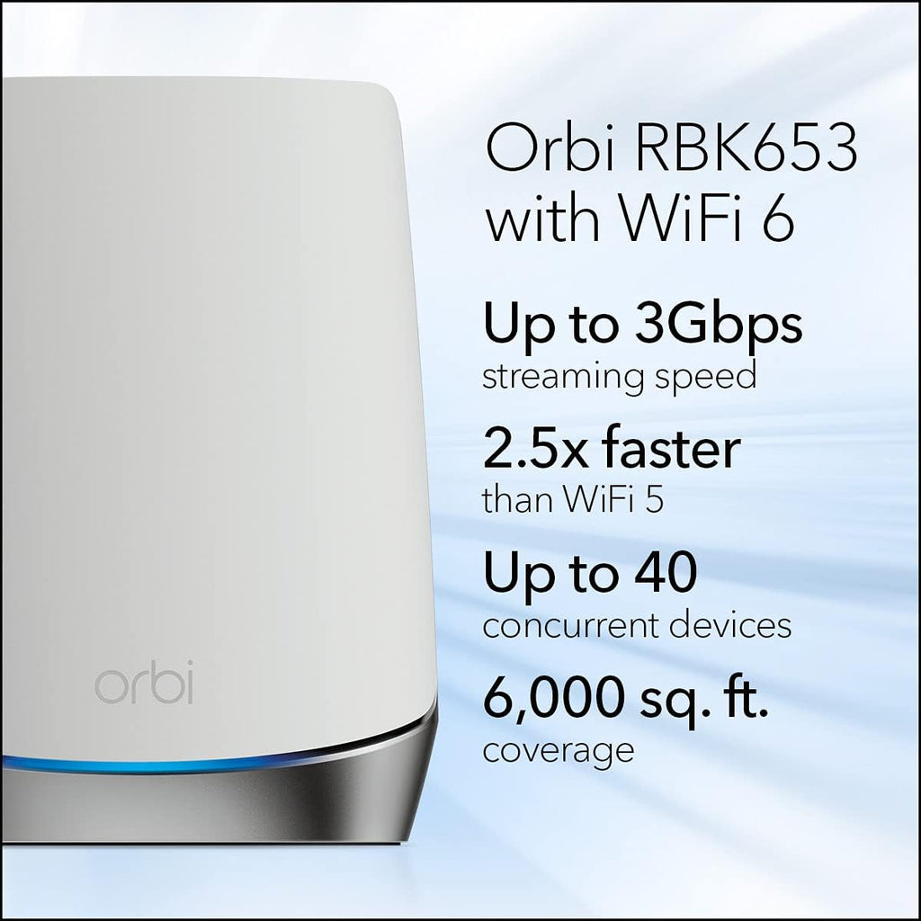 NETGEAR Orbi Whole Home Tri-Band Mesh WiFi 6 System (RBK653) – Router with 2 Satellite Extenders, Coverage Up to 6,000 Square Feet, 40 Devices, AX3000 (Up to 3Gbps) (Renewed)