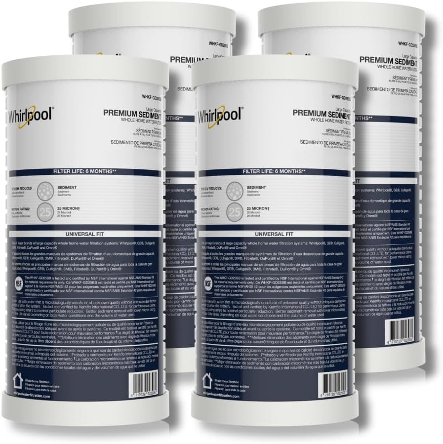 Whirlpool Whole House Large Capacity Sediment Filter WHKF-GD25BB, Full Case of 4 Filters, NSF Certified 25-Micron Filtration, Replacement Cartridge Fits Most Home 10' x 4.5' Standard Filter Housings