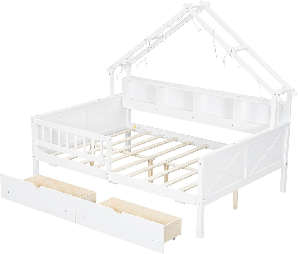 JIVOIT House Beds Wood Platform Bed, Full Size Platform Bed Frame with Storage Shelves, Drawers and Guardrail, Wood Slats Support, No Box Spring Needed (White/509)