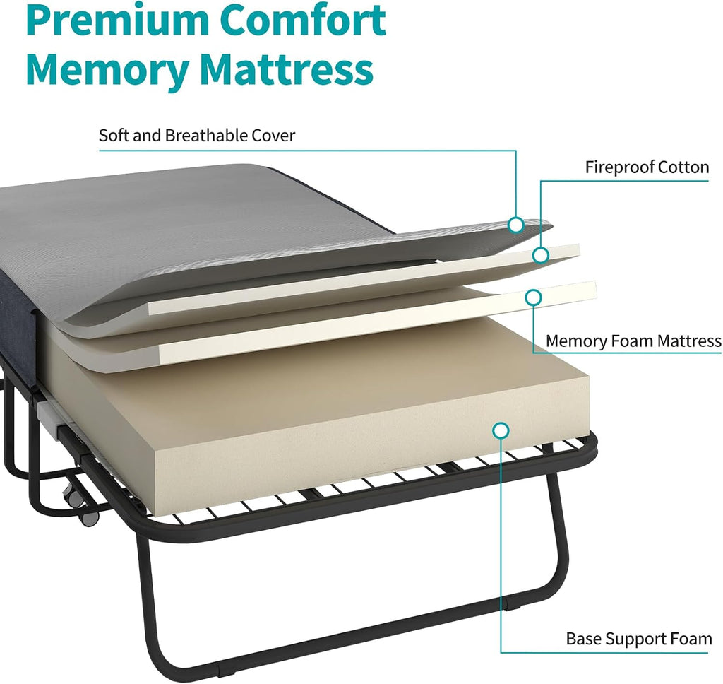 BALUS Folding Bed with Mattress, 75'x46' Rollaway Bed with Locking Casters and 5' Rebound Mattress, Metal Sturdy Twin Folding Frame for Storage, Foldable Single Bed for Bedroom/Guest Room(Standard)