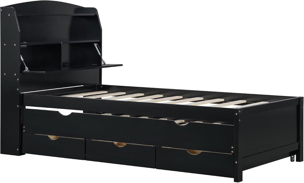 Merax Twin Size Bed Frame with Flip-Up Storage Headboard, Black Twin Bed with 3 Drawers and Trundle, Wooden Bed Frame Twin a Set of Sockets & USB Ports, No Box Spring Needed
