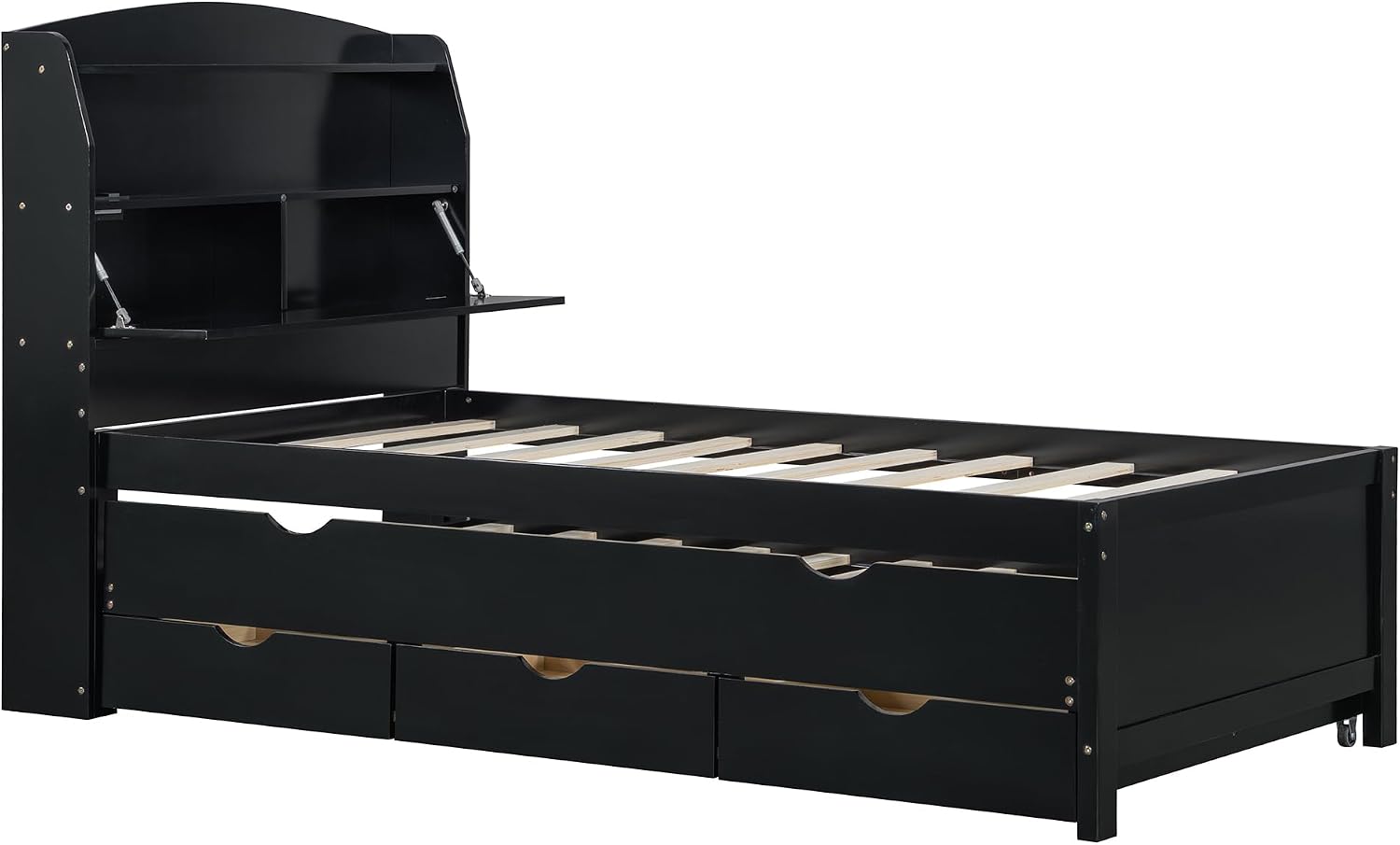 Merax Twin Size Bed Frame with Flip-Up Storage Headboard, Black Twin Bed with 3 Drawers and Trundle, Wooden Bed Frame Twin a Set of Sockets & USB Ports, No Box Spring Needed