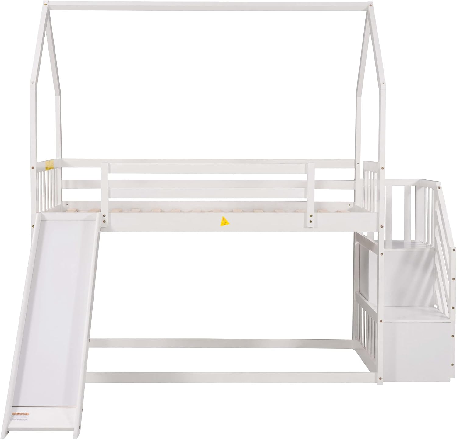 Wood House Bunk Bed for Kids Toddlers, Twin Over Twin Bunk Bed with Convertible Slide, Storage Staircase Can be Placed Left or Right, No Spring Box Required (White+House03)