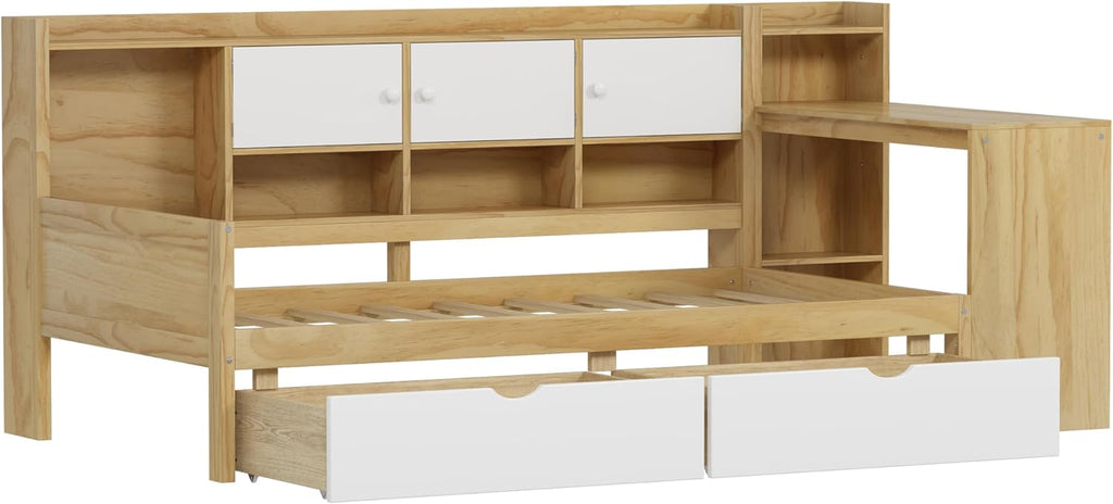 Twin Bed Frames with Storage, L-Shaped Corner Beds with Desk, Wood Daybed with Bookcase, Platform Beds with Drawers and Shelves for Living Room, Bedroom, Teens Room, Natural