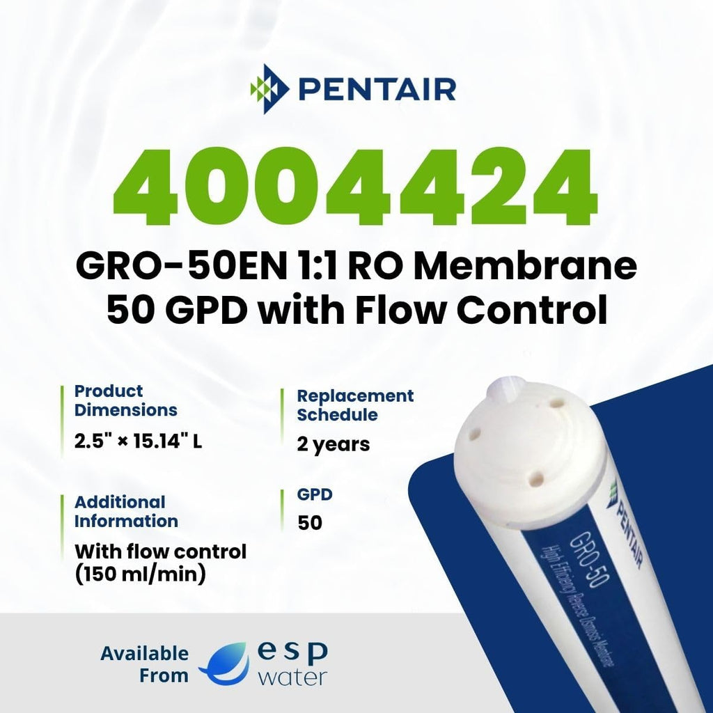 Pentair GRO-50EN 1:1 Reverse Osmosis Membrane Replacement Filter – 50 GPD High-Efficiency RO Cartridge with Flow Control, Check Valve and Quick Connect Fittings for Under-Sink Water Filtration 4004424