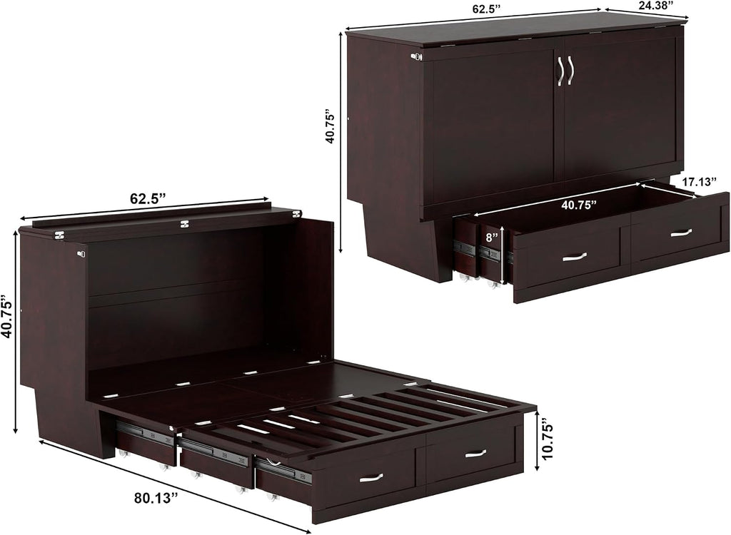 AFI, Monroe Queen Murphy Bed Chest with 6' Mattress, Storage Drawer & Built-in USB Charger, Espresso