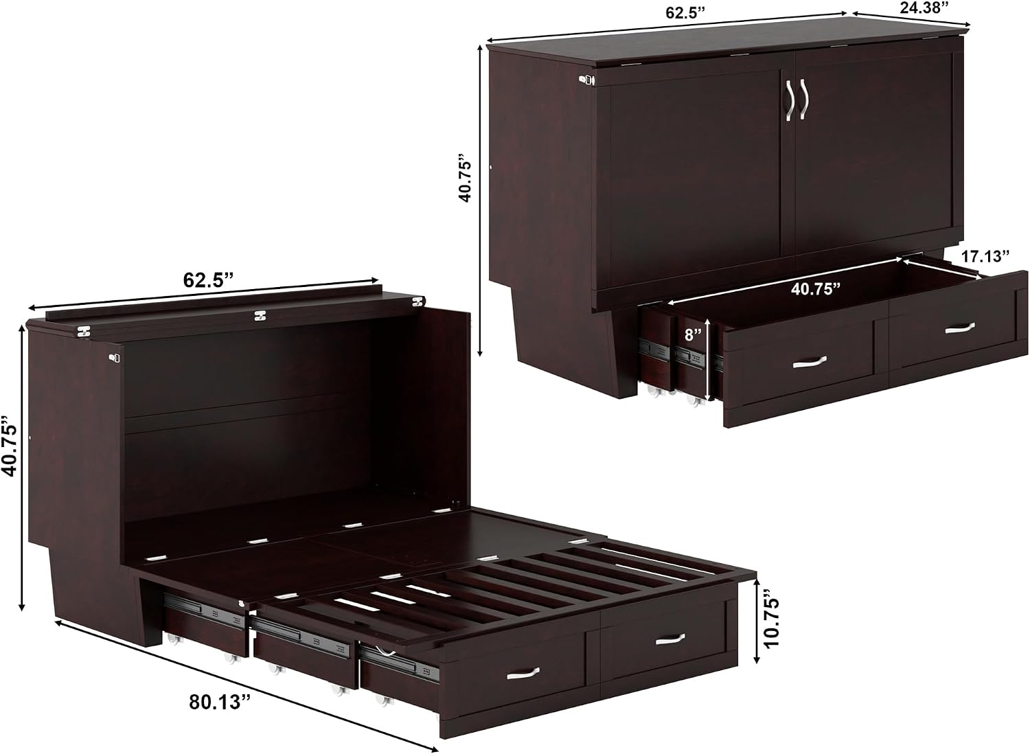 AFI, Monroe Queen Murphy Bed Chest with 6' Mattress, Storage Drawer & Built-in USB Charger, Espresso