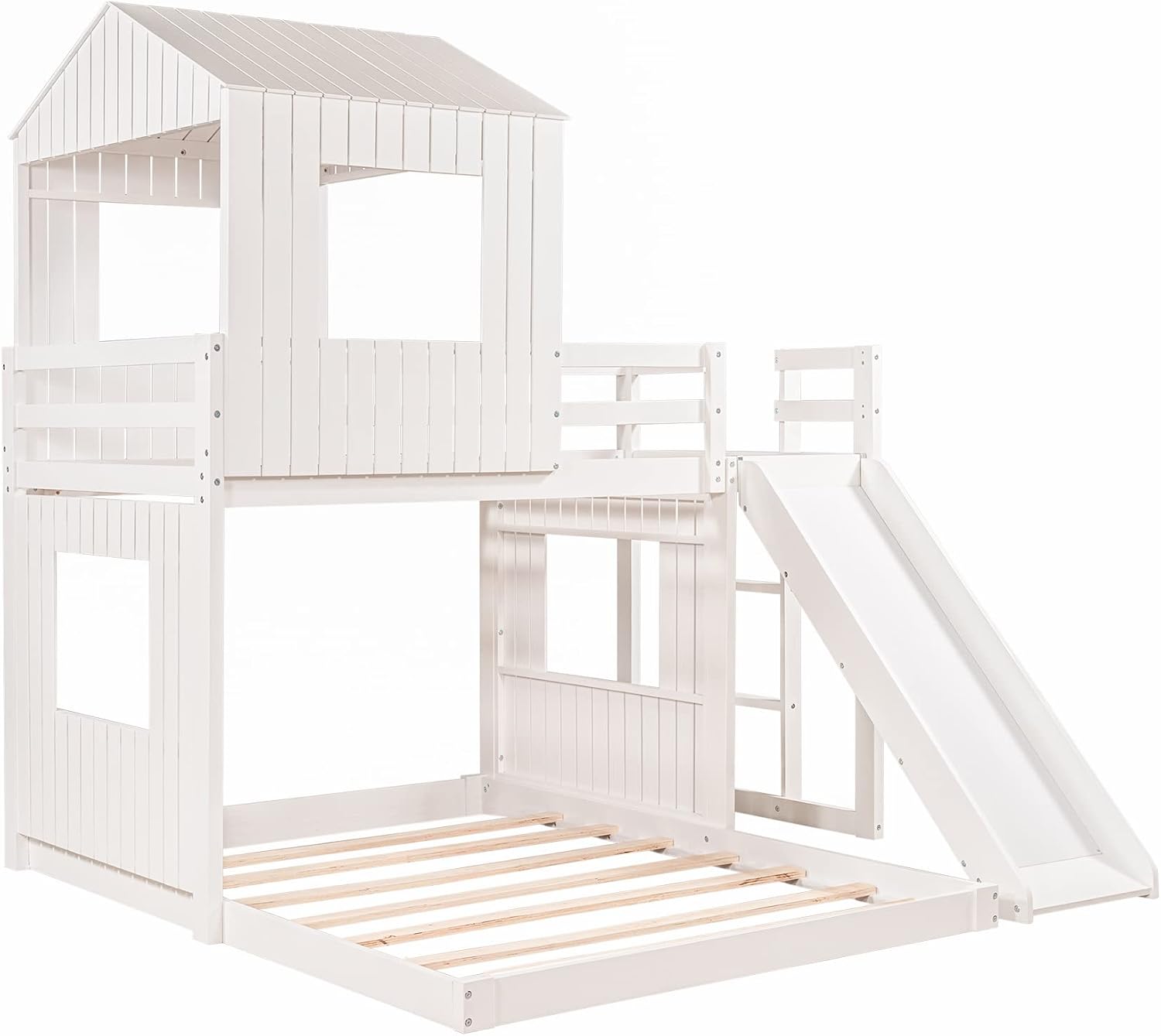 Twin Over Full Bunk Beds with Slide for Kids Toddlers, Play Farm House Roof Window Guardrail Ladder, for Girls Boys, No Spring Box Required (White-Slide-Twin-Full)