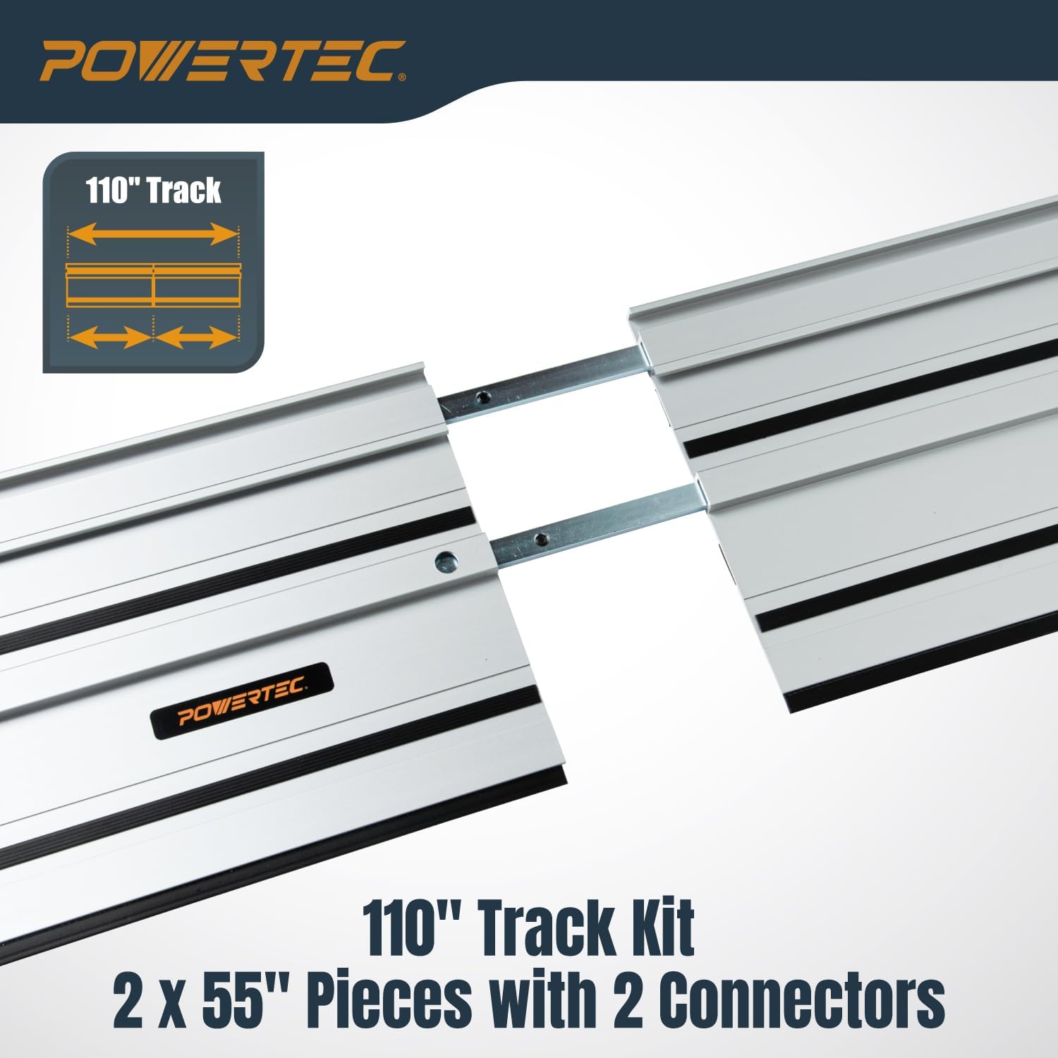 POWERTEC 110' Track Saw Guide Rail Joining Set for Ridgid Track Saws, Include 2x55' Extruded Aluminum Guide Rail, 2 Rail Extension Connectors and Protective Carrying Bag (72133)
