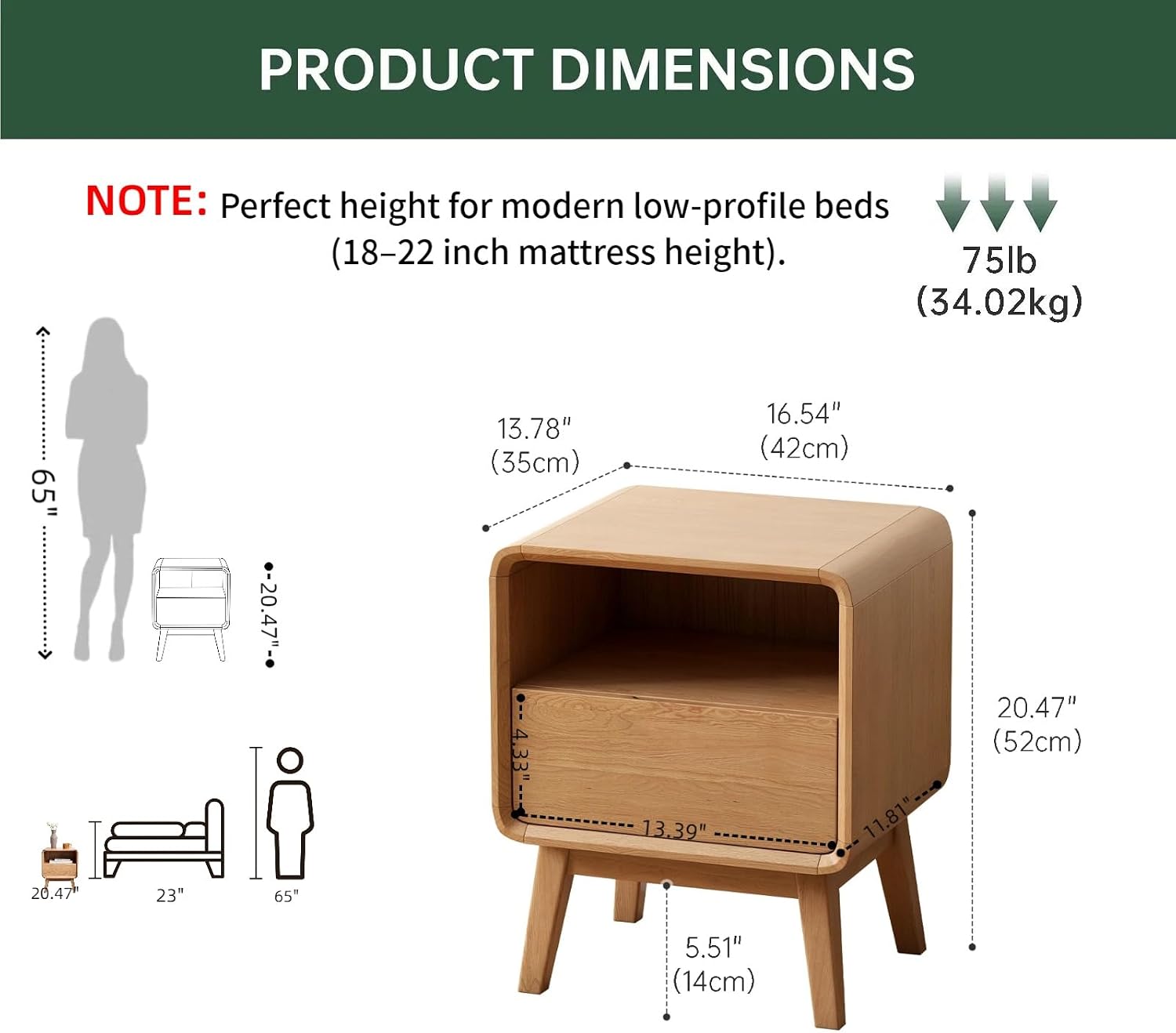 100% Solid Oak Wood Nightstand, Natural Wood Nightstand with Drawer Open Shelf, Mid Century Modern Night Stand, Small Side End Tables, Oak Bedside Table for Bedroom(16.54' Wx13.78 Dx20.47 H)