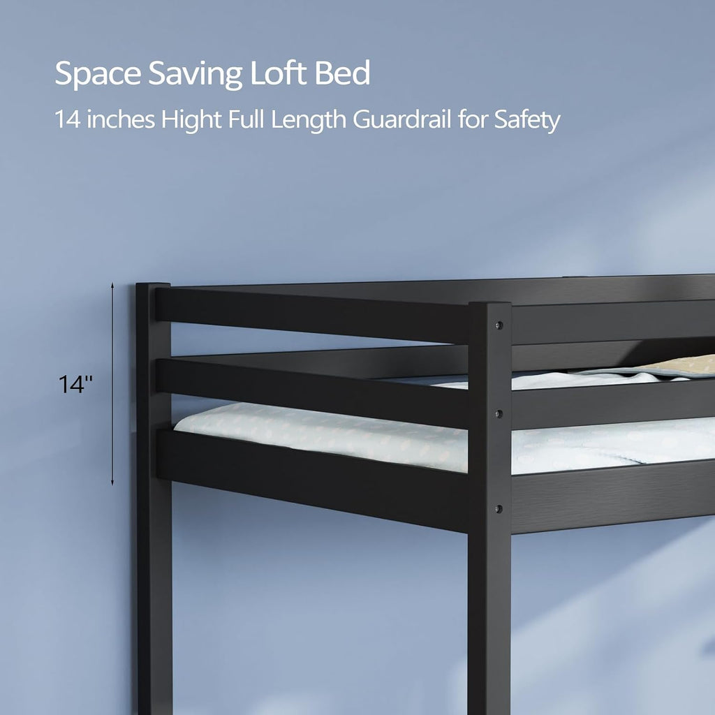 VINGLI Junior Low Loft Bed with Stairs, 47 Inches High Sleeper Bed Full Size for Adults, Kids and Young Teens, No Box Spring Required, Solid Wood Slat Support, Black