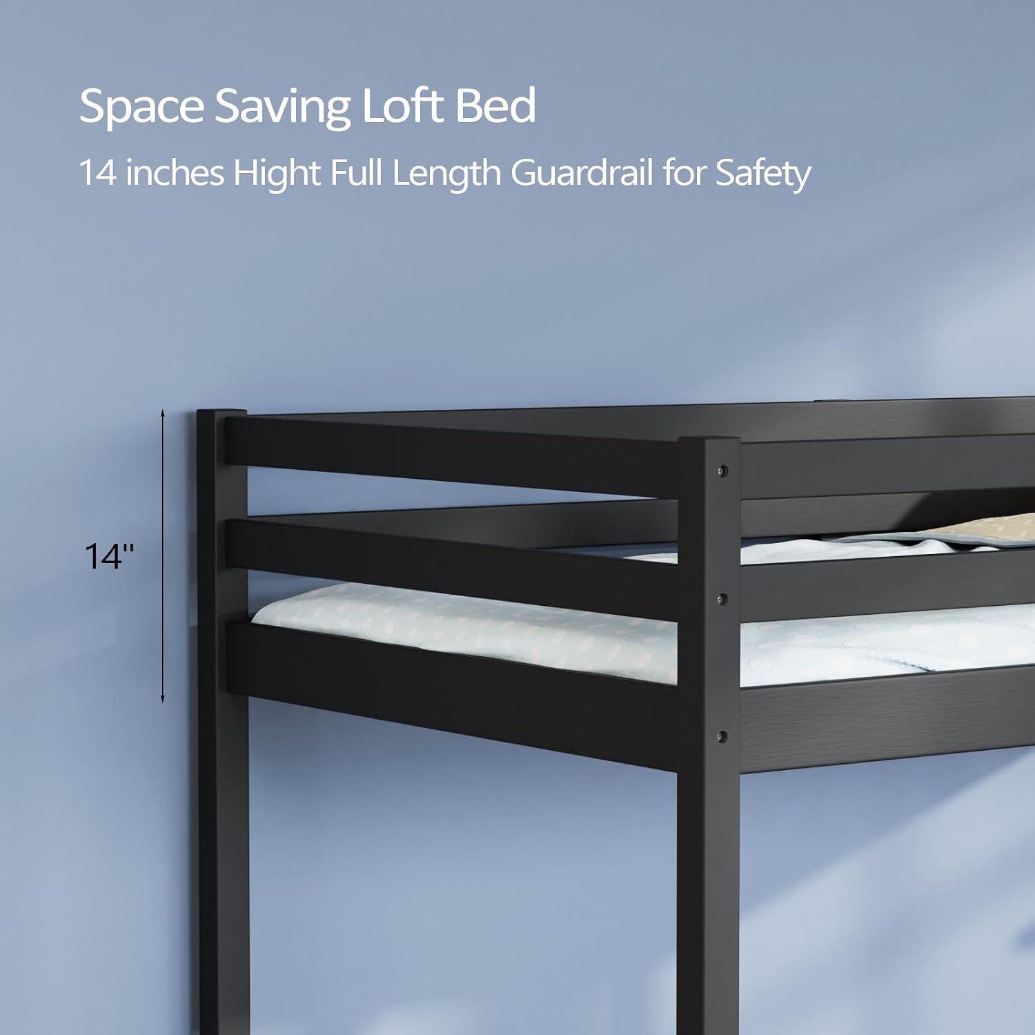 VINGLI Junior Low Loft Bed with Stairs, 47 Inches High Sleeper Bed Full Size for Adults, Kids and Young Teens, No Box Spring Required, Solid Wood Slat Support, Black