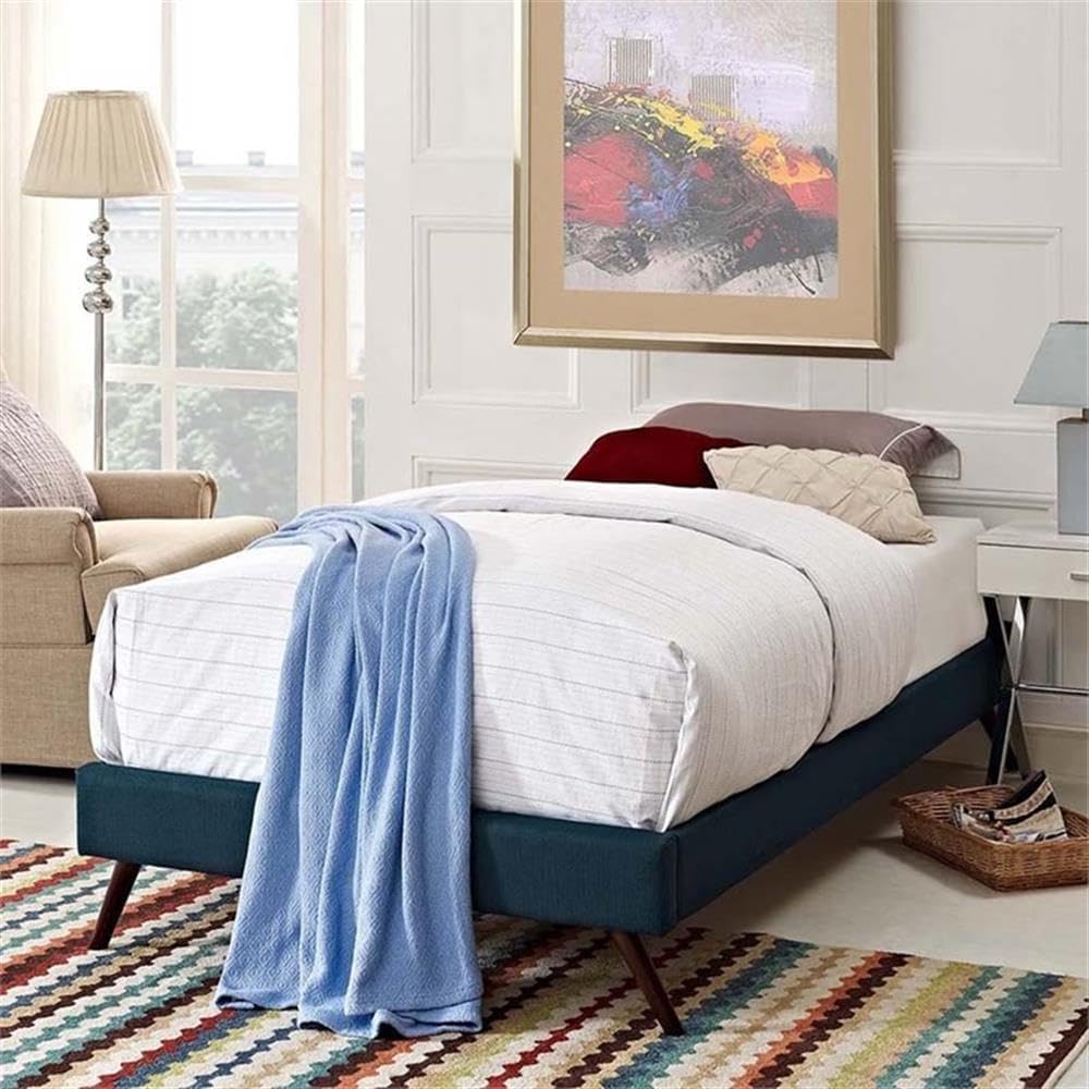 Pemberly Row Set of 2 Twin Bed Frame in Azure and Nightstand in Walnut/White